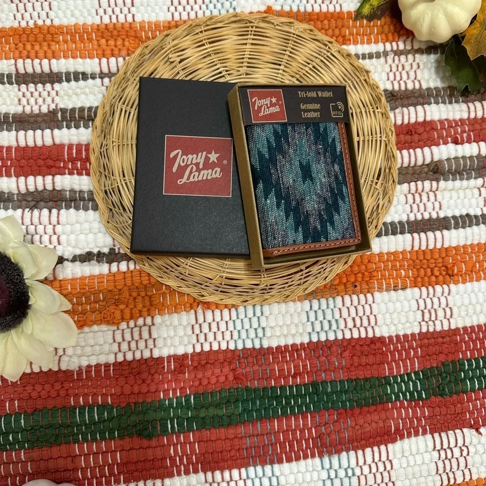 New Tony Lama Tri-Fold Wallet RFID Blue Aztec Canvas Leather Cowboy Western